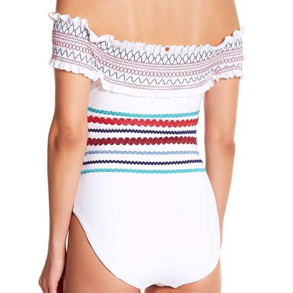 Red Carter Smocked Off the Shoulder Swimsuit - Picture 2 of 9